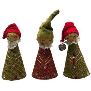 Vintage Handmade Cone-Shaped Christmas Elf Figurines Set Of 3 Red Green Hat READ